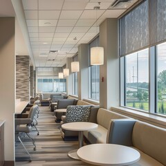 The photo shows a modern office break room with a variety of seating options, including chairs, sofas, and benches