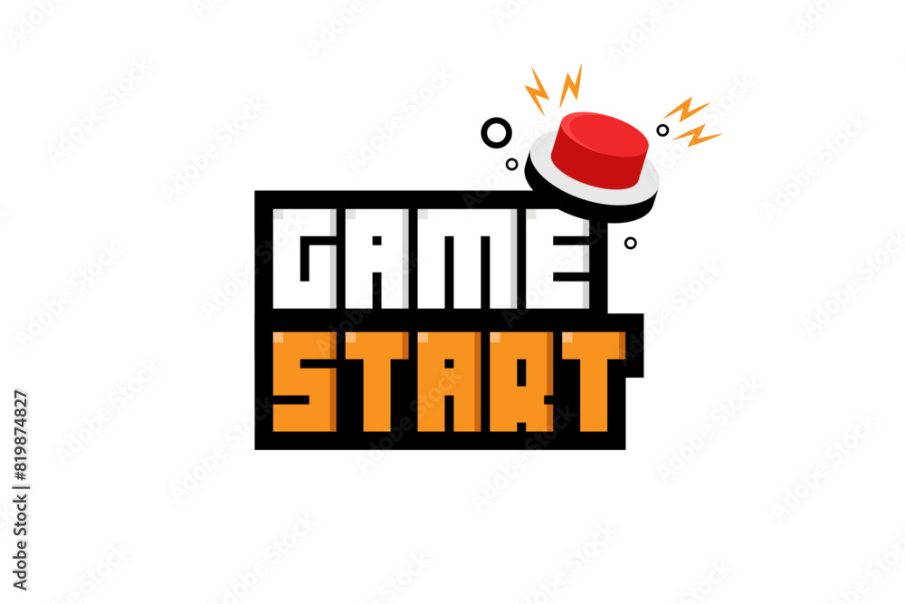 Poster game start text message screen and red button.