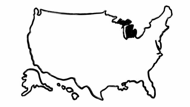 Hand drawn animated map of Michigan and the USA made in scribble style filmed on white background. Stop motion of American outline borders and one of districts. Template for making educational poster.