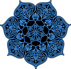 Circular abstract floral pattern. Mandala. Round vector ornament with intertwined branches, flowers, and curls. Arabesque.