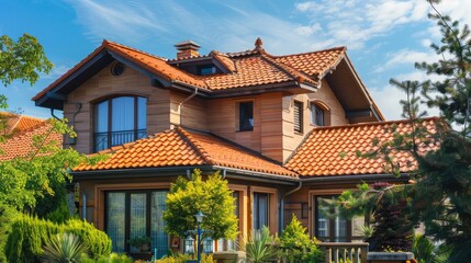 Closeup red tile roof house exterior panorama banner architecture background,beautiful brick house in a bright sunny day,Blurred view of house with beautiful green garden


