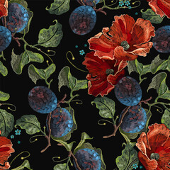 Embroidery plums and red poppies flowers, seamless pattern. Summer garden background. Fashion template for clothes, t-shirt design, renaissance style