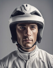 Portrait of a jockey man, isolated white background
