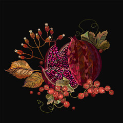 Embroidery ripened pomegranate,red currant and autumn leaves. Summer graphic art. Template fashionable clothes, t-shirt design
