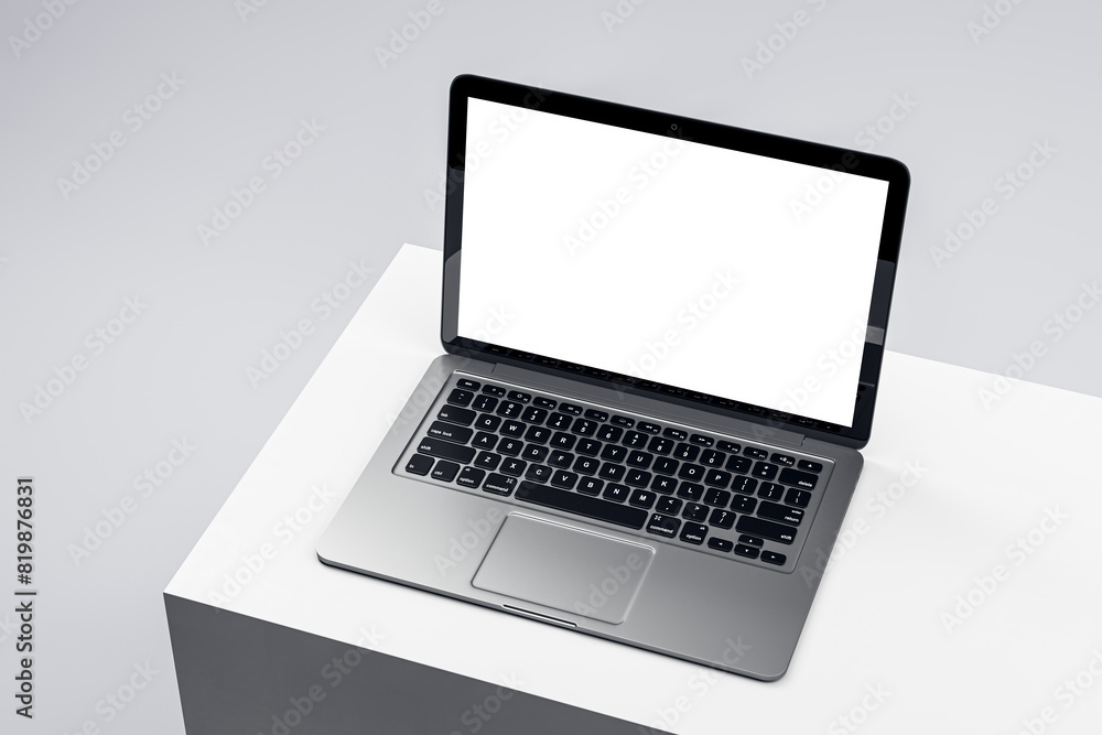 Poster Modern laptop displaying a blank screen on a minimalistic white podium, perfect for product demos and tech showcases. 3D Render