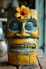 A close up of a yellow flower on top of an old mask, AI