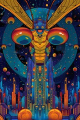 Obraz premium A colorful painting of a giant insect with many buildings, AI