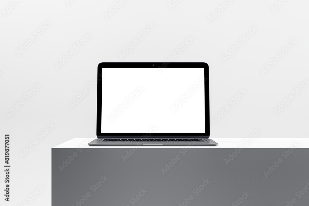 Aufkleber Modern laptop on gray podium for product display, featuring a blank screen suitable for customizable content. 3D Render
