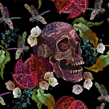 Gothic skull, pomegranate fruits birds and white flowers. Seamless pattern. Embroidery, template clothes, t-shirt design, textile design