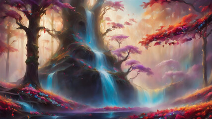 Autumn Cascade: Misty Waterfall in the Forest