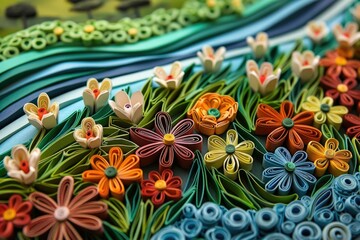 Close up of vibrant paper flowers on a table, perfect for DIY projects