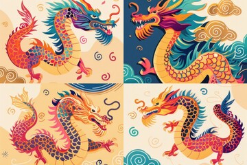 Fototapeta premium Set of four vibrant illustrations of Chinese dragons. Ideal for cultural designs and festive projects