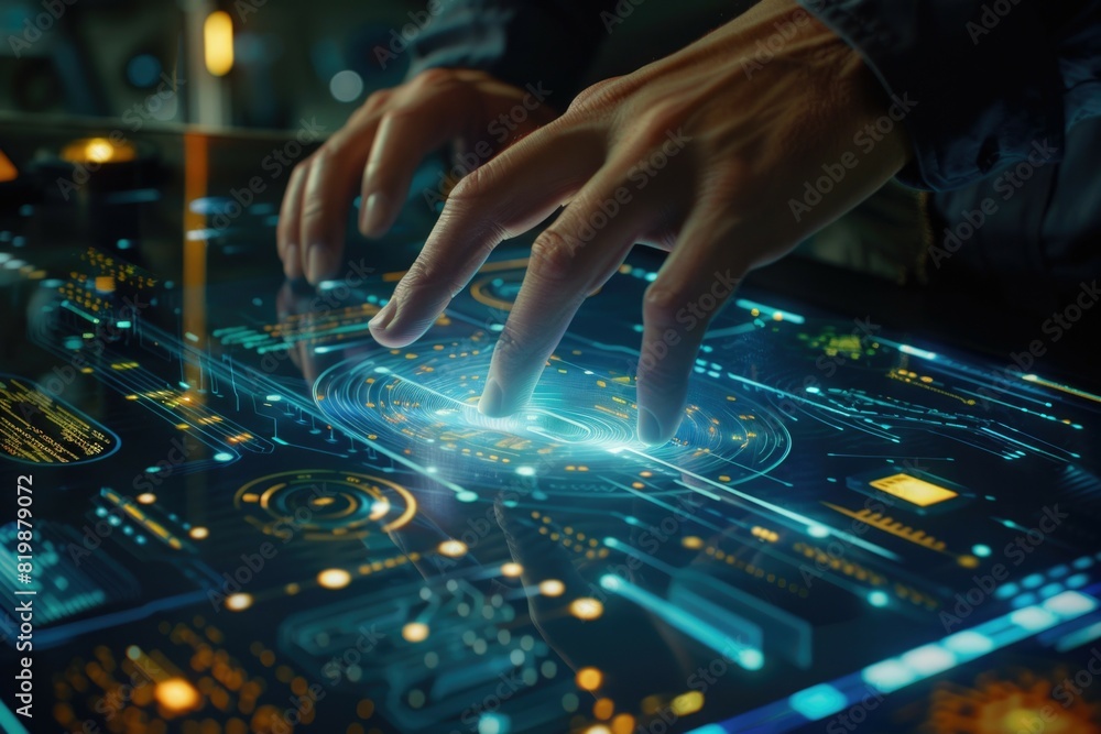 Poster a person using a tablet with a futuristic interface. great for technology concepts