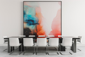 A chic, minimalist workspace featuring a big, matte black table with six elegant white chairs, positioned against a solid white background with a large, colorful artwork.