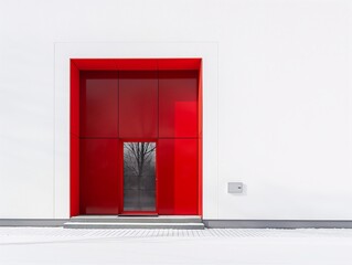 A red door with a window in the middle