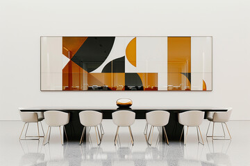 A contemporary workspace with a large, glossy black table and seven elegant white chairs, set against a plain white backdrop featuring a bold, geometric art piece. - Powered by Adobe