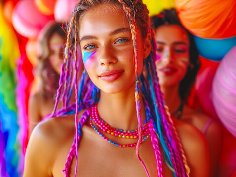 Candit smilely woman at a pride event,The vibrant colors of a rainbow flag in the background, pride day