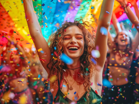 Smilely eurpoean woman raise hand up to hold rainbow flag at a pride event,The vibrant colors of a rainbow flag in the background, pride day