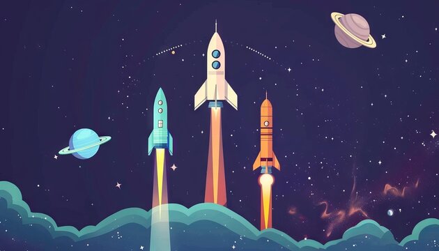 The rockets are blasting off into space. The sky is full of stars and planets.