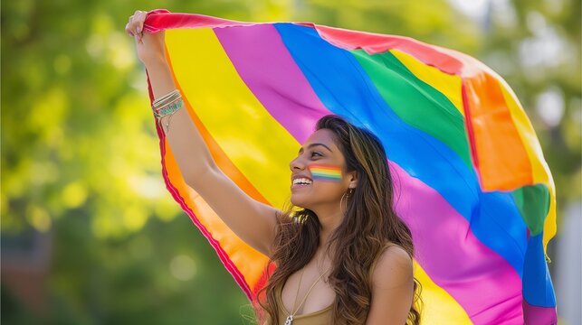a young indian woman holding up the rainbow flag, stock photo, sunny day, full body shot,Generative AI illustration.