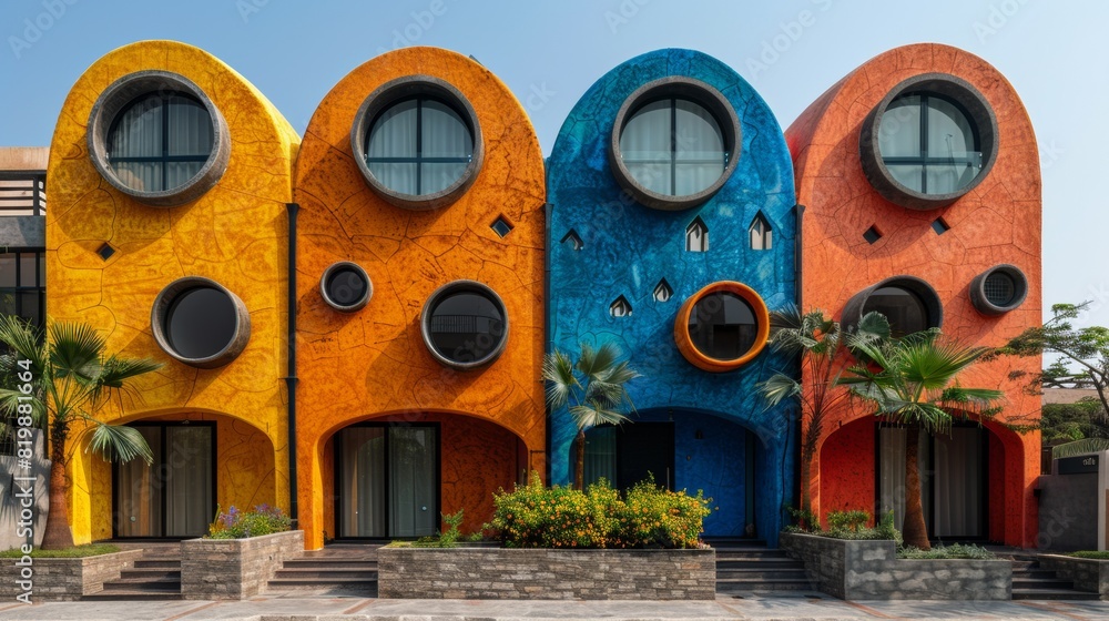 Poster a row of colorful buildings with circular windows on the side, ai