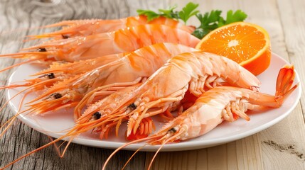 wallpaper of a giant food shrimp in a plate over a wooden table, realistic and appealing
