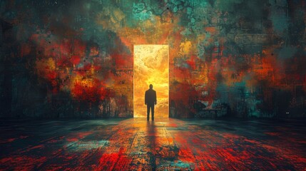 A man standing in front of a door with colorful background, AI