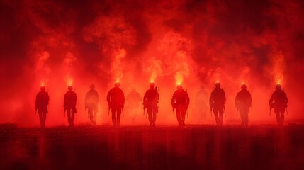 Naklejka premium A group of men in red uniforms with torches on their heads, AI