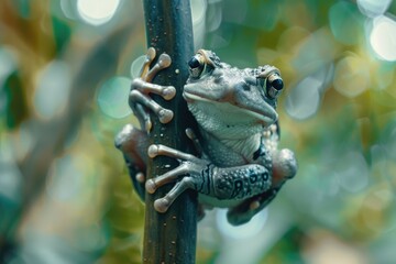 A frog perched on a metal pole. Suitable for nature and wildlife themes