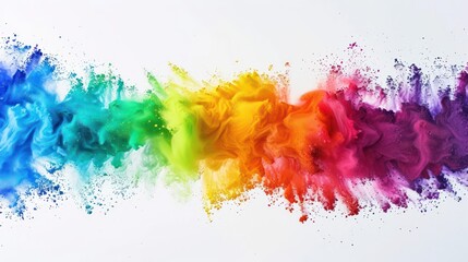 Dynamic horizontal rainbow powder splash composition, featuring an explosion of vibrant colors against a blank white canvas. 