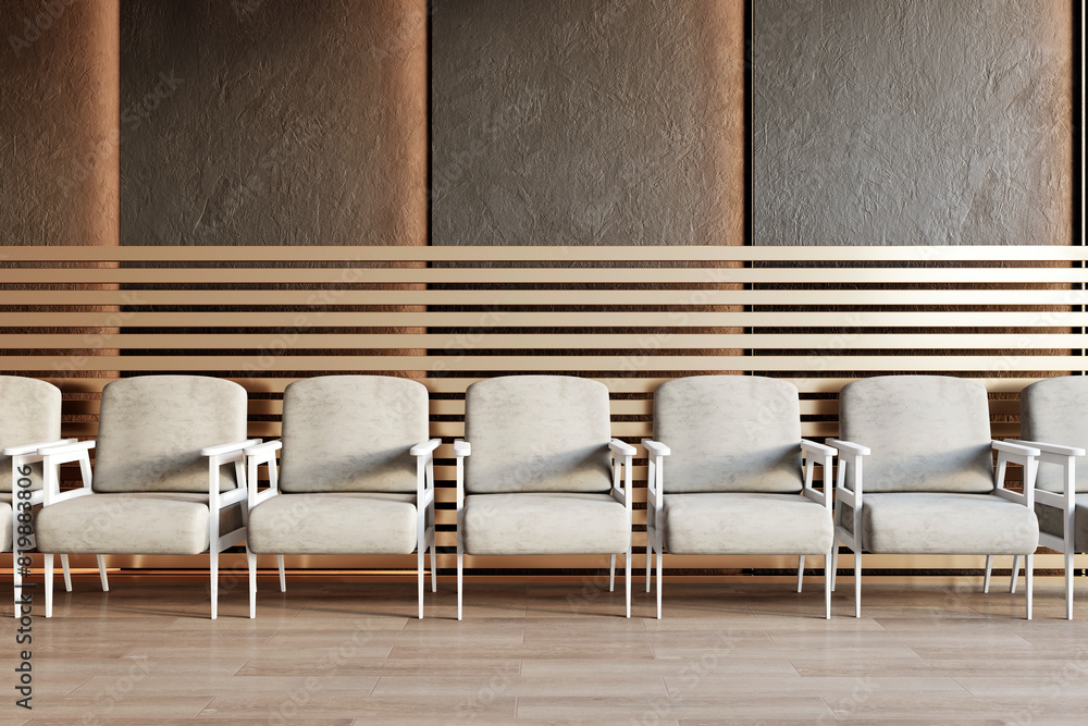 Poster stylish waiting room with rows of contemporary chairs. 3d render