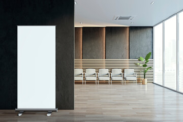 Sleek office waiting area featuring a mobile whiteboard, modular seating, and expansive cityscape views. 3D Render