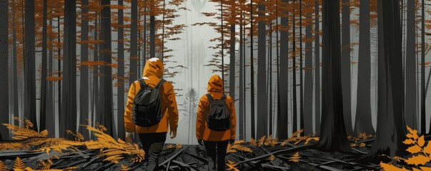 Two friends are hiking in the woods