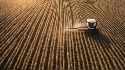 Aerial shot depicting a harvester working on a field, highlighting the digitalization of crop growing efficiency through AI data analysis, representing futuristic. generative.ai