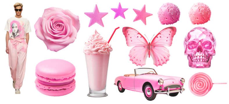 Set of pink fashion objects and model on png background. Ideal set for moodboards design and collage art. Pink aesthetic trends.