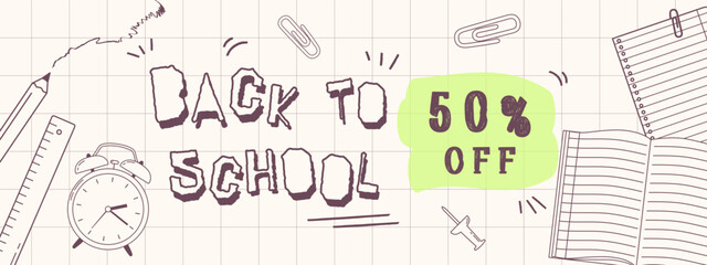 Back to school sale banner. Monochrome line art hand drawn illustrations with school supplies in doodle style. Education concept. Vector flyer on white background