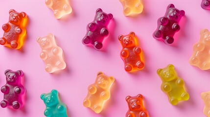 Colorful gummy bear candies arranged on a vibrant pink background. Creative food concept.	