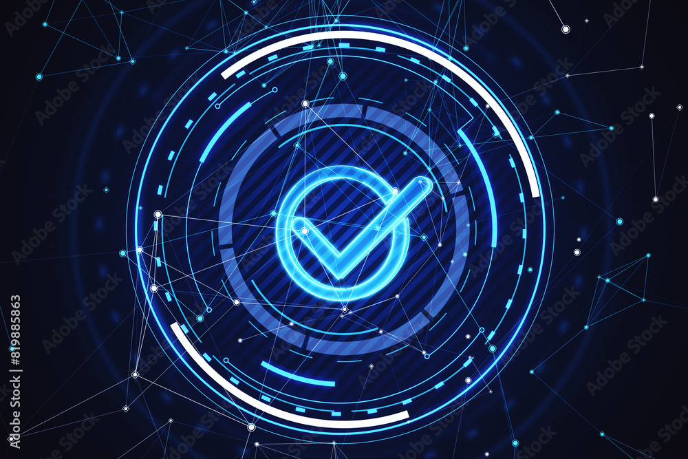 Leinwandbilder a glowing blue checkmark inside a digital interface, with a futuristic, abstract background, concept