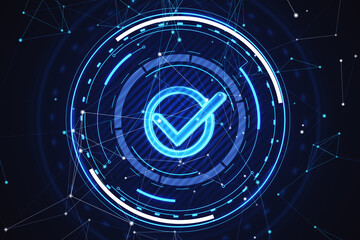 A glowing blue checkmark inside a digital interface, with a futuristic, abstract background, concept of verification. 3D Rendering © Who is Danny