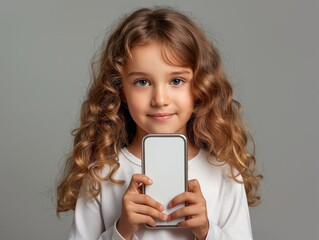 Fototapeta premium Blank white smartphone mockup held by a young girl in a modern office setting