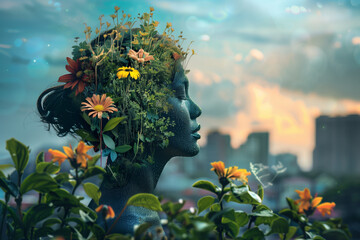 A woman's face is made of flowers and leaves. The flowers are orange and yellow, and the leaves are green. The image has a whimsical and playful mood