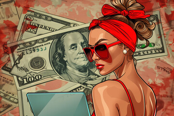 A woman wearing sunglasses and a red bandana stands in front of a pile of money