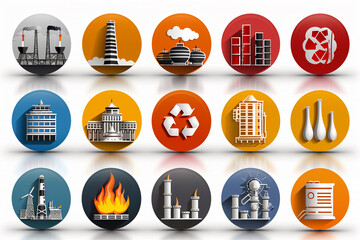 A collection of icons that represent different industries and concepts. The icons include a fire, a building, a ship, a factory, a recycling bin, a glass, and a newspaper. Scene is one of progress