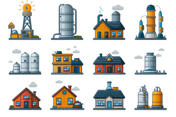 A set of 12 different buildings, including houses and factories, are shown in a row. The buildings vary in size and style, with some featuring large tanks and others with smaller structures