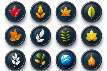 A set of leaf icons with a variety of colors and sizes. The icons represent different types of leaves and are arranged in a grid