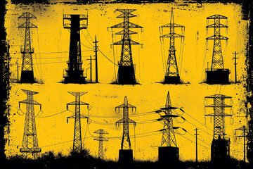 A series of power lines are shown in various sizes and shapes. Concept of industrialization and technological advancement, as well as the importance of electricity in modern society