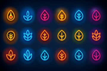 A set of neon leaf icons in various colors. The icons are arranged in a grid and are illuminated, giving them a futuristic and modern appearance. Scene is one of creativity and innovation