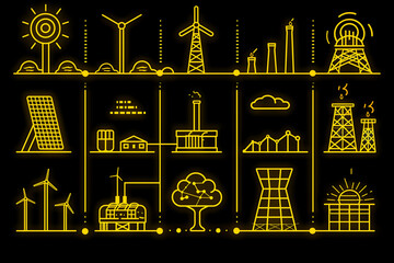 A series of icons representing various forms of energy, including wind, solar, and nuclear power. Concept of progress and innovation in the field of energy production