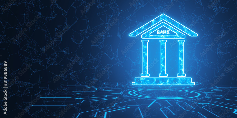Poster blue neon glowing outline of a bank building on a dark abstract background, concept of finance and t