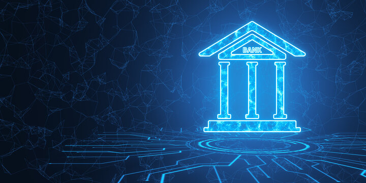 Blue neon glowing outline of a bank building on a dark abstract background, concept of finance and technology. 3D Rendering